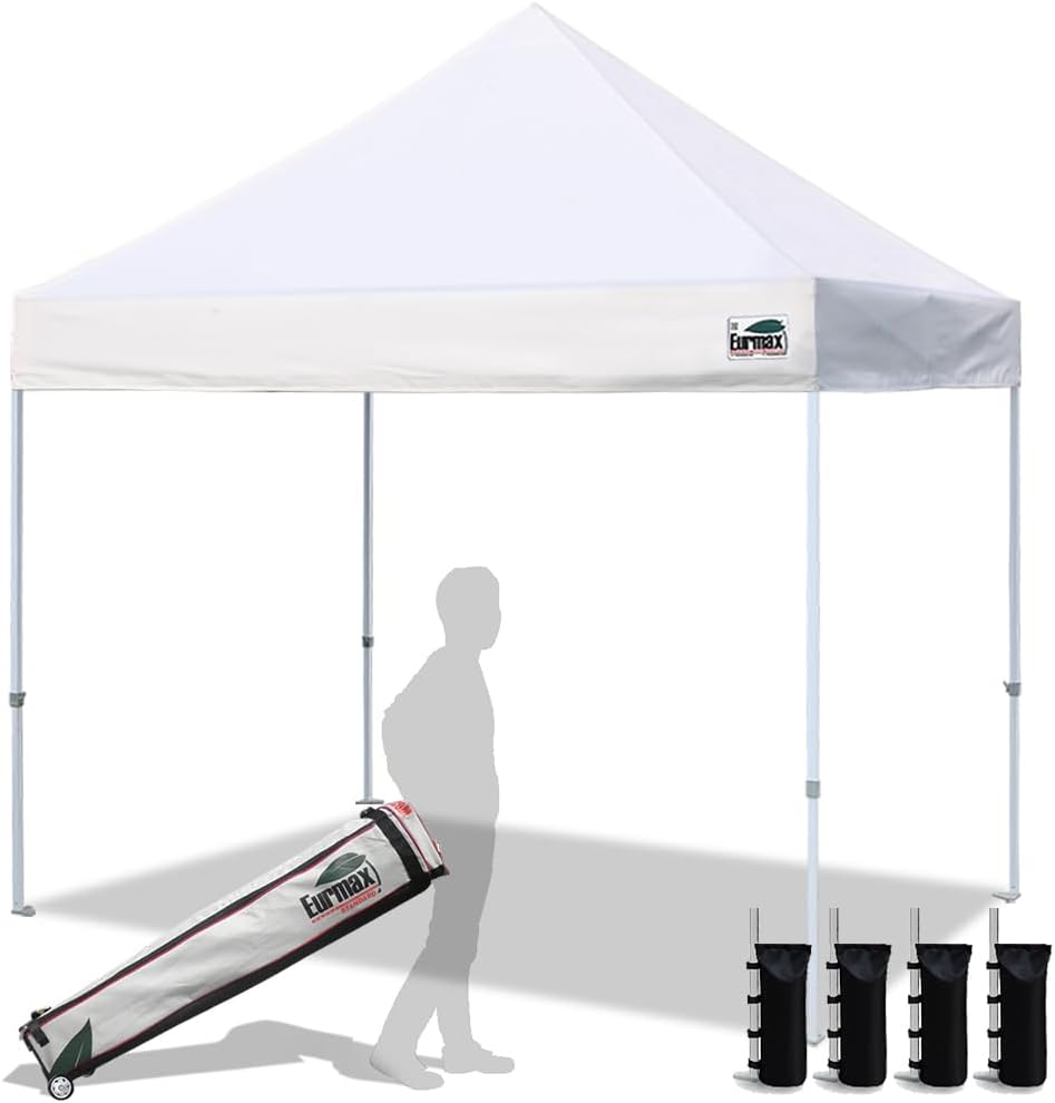 Eurmax USA 10x10ft Pop Up Canopy,Commercial Instant Tent for Outdoor Events,Patented No-Tip Rolling Storage Bag with 4 Sandbags,UV & Water Resistant,Heavy Duty Portable Shelter Gazebo,Black