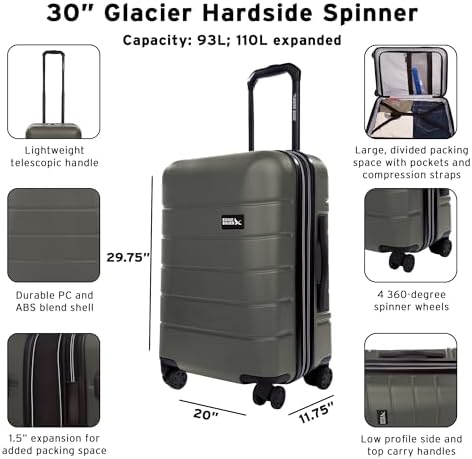 Eddie Bauer Glacier Checked 30" Luggage | Hardside | Spinner Wheels | Expandable | Lightweight | Travel Essentials - Sprig Green
