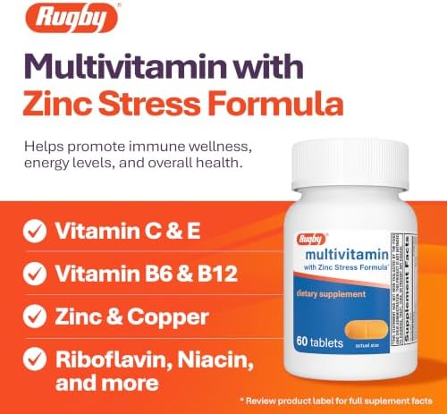 Rugby Multivitamin with Zinc Stress Formula - 60 Count (1-Pack)