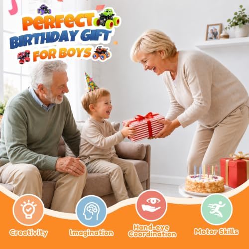 4 Pack Monster Trucks Toys for Boys 2 3 4 5 6 7 Year Old, Friction Powered Pull Back Car Toys for Toddlers Kids Ages 3-5 2-4 4-7