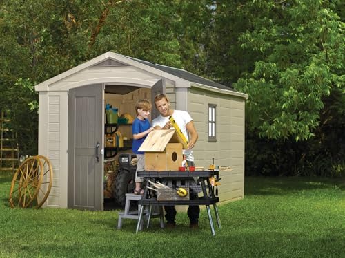 Keter Factor (8x6 ft) Large Resin Outdoor Storage Shed for Patio Furniture, Lawn Mower, Garden Accessories Yard Tools, and Pool Toys, Taupe