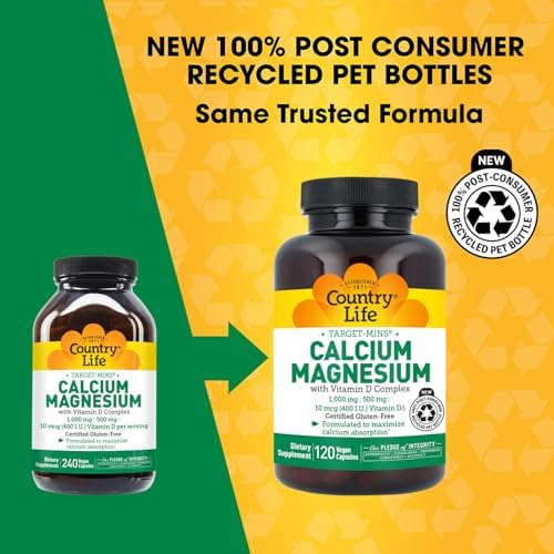 Country Life Target-Mins Calcium Magnesium with Vitamin D, 240 Capsules | 1,000 mg calcium, 500 mg magnesium and 10 mcg vitamin D per serving for bone health and calcium absorption