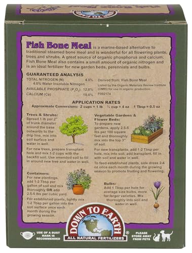 Down To Earth All Natural Fertilizers Organic Fish Bone Meal - 4-12-0, 1 lb | High Phosphorus Plant Food for Buds, Bulbs, Blooms, Flower Beds