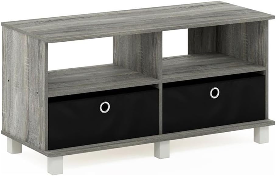 Furinno Andrey Entertainment Center with Bin Drawers, French Oak Grey/Black | Open Shelf TV Console for TV up to 46 Inch with Bin Drawers