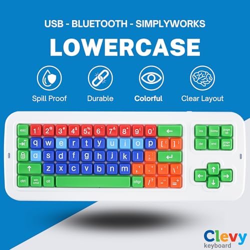 Clevy Keyboard Tri-Mode Uppercase - Kids Uppercase USB & Blutooth Compatible Colorful Spill Proof Keyboard for Early Education - Designed to Help Teach Computer and Keyboard Skills to Children