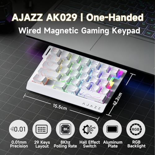 AJAZZ AK029 Wired One-Handed Hall Effect Mechanical Gaming Keypad, 29 Keys | Magnetic Switch, Rapid Trigger, 8KHz Polling, SOCD/DKS, RGB Backlit, Web Driver Customizable, Portable, Black Gray