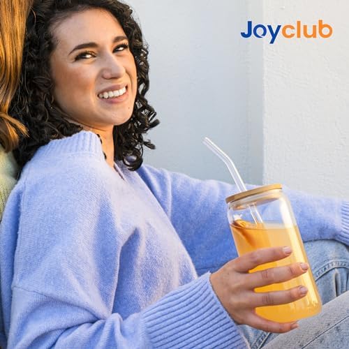 Joyclub 20Pcs Glass Cups with Bamboo Lids and Straws Bulk 16 oz Can Shaped | Clear drinking glasses include 20 cleaning brushes