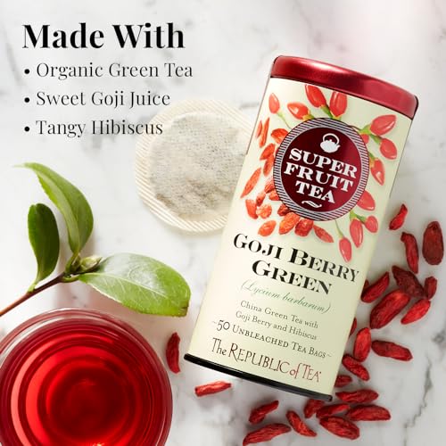 The Republic of Tea SuperFruit Goji Berry Green Tea, Low Caffeine, 50 Count | A gentle cup for everyday sipping. Fresh with notes of bright tartness. Gluten Free and Carb Free.