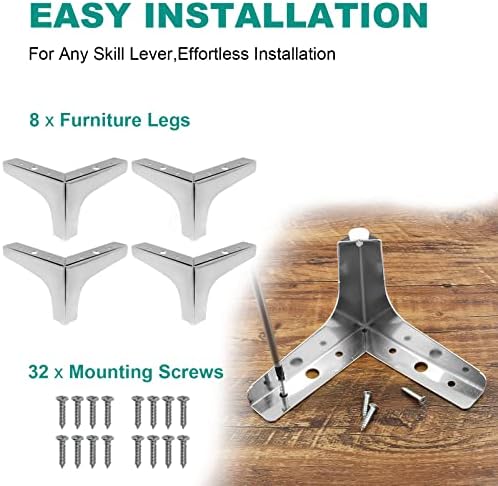 4 Pack 4 Inch Furniture Legs, Chrome Metal Polished Triangle Feet