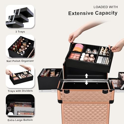 Stagiant Rolling Makeup Train Case Large Storage Cosmetic Trolley 4 Tray with Sliding Rail Removable Middle Layer with Key Swivel Wheels Salon
