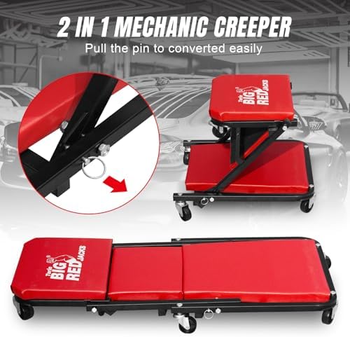 BIG RED TRP6240 Torin Blow Molded Plastic Rolling Garage/Shop Creeper: 40" Mechanic Cart with Padded Headrest, Dual Tool Trays and 6 Casters, Red