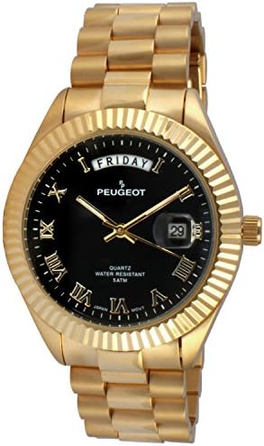 Peugeot Men's Stainless Steel Big Face Luxury Watch with Day Date Windows, Roman Numerals & Coin Edge Fluted Bezel Watch