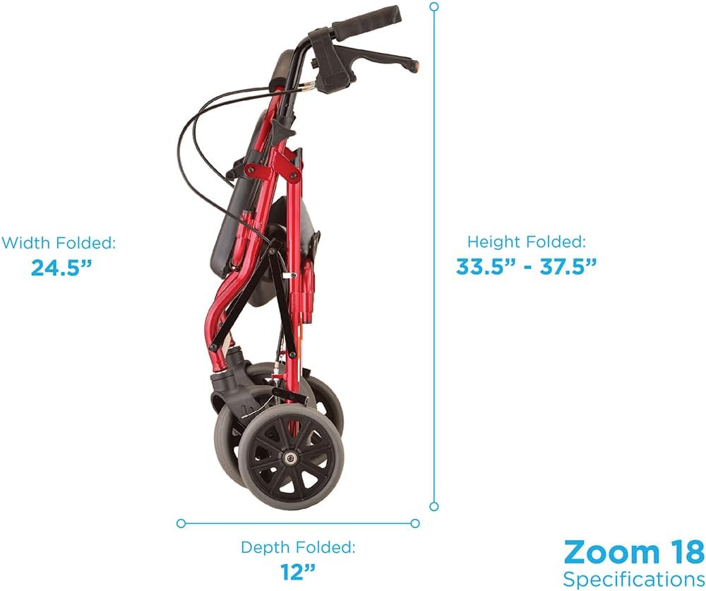 NOVA Zoom 22 Rollator Walker for Seniors, Rolling Walker with Locking Hand Brakes, Padded Seat & 8" Wheels, Lock N Load for Easy Transport & Storage, Adjustable Height 5'5"–6'1", Red