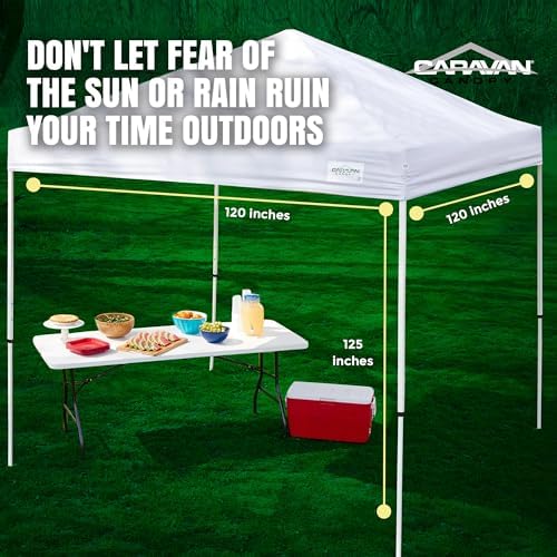 Caravan Canopy 12 by 12 Foot Polyester Straight Steel Leg Instant Pop Up Canopy Tent with Adjustable Height for Outdoor Events, Blue | 150D polyester top with 99 percent UV protection, 3 height settings to 9 ft, steel frame, roller bag and 4 stakes