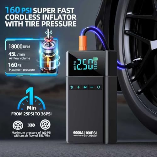 10-in-1 Portable Car Battery Jump Starter with Air Compressor, 6000A 160PSI Portable Car Jumper Starter (All Gas 12L Diesel)