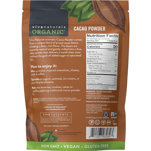 Organic Cacao Powder, Unsweetened, 1 lb (454 g) – Rich Dark Chocolate Flavor, Perfect for Baking, Smoothies & Hot Chocolate – Vegan, Keto, Paleo, Non-GMO & Gluten-Free Cocoa Powder