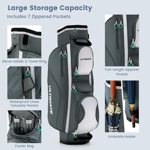 ULTIMATE 14-Way Golf Cart Bag, 3.7 LBS Lightweight Portable Golf Bag with Top Dividers, 7 Zipped Pockets Including Cooler Bag, Rain Hood