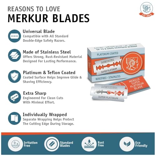 MERKUR SUPER Double Edge Safety Razor Blades, 10 Count (Pack of 3), Precision Stainless Steel Blades with Platinum and Teflon Coating