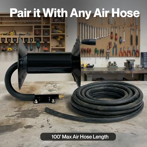 ReelWorks Air Hose Reel Tool Retractable Hand Crank 3/8" Inch x 100' Feet | 300 PSI / 20 BAR Heavy Duty Steel Construction, Hose Sold Separately