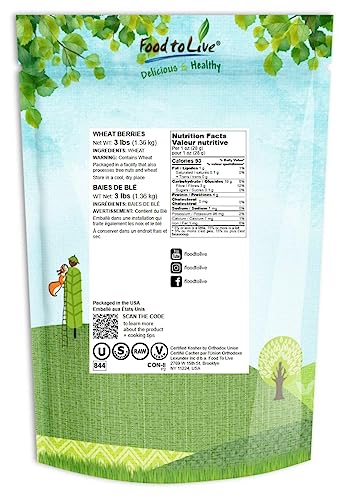 Food to Live Hard Red Wheat Berries, 3 Pounds – Sprouting for Wheatgrass, Kosher, Raw, Vegan, Bulk