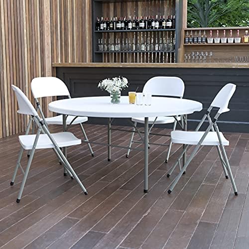 Flash Furniture 5-Foot Round Bi-Fold White Plastic Folding Table | Lightweight, Easy Storage, Commercial Grade, Carrying Handle