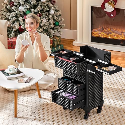 Yaheetech Rolling Makeup Train Case with 2 Drawers Nail Cart Beauty Trolley