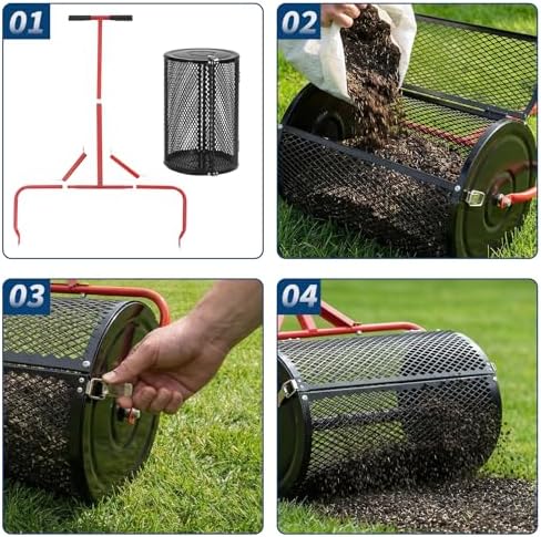 24 Inch Compost Spreader, Metal Mesh Roller Peat Moss Spreader with Adjustable T-Handle, Powder-Coated Lawn Seeder for Topsoil, Grass Seed