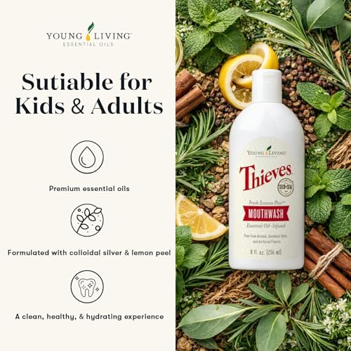 Young Living Thieves Fresh Essence Plus Mouthwash | 8 fl oz | Alcohol-Free and Fluoride-Free | Enhanced with Essential Oils | Peppermint, Rosemary