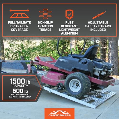 Aluminum Tri-Fold Ramp with Treads, 1 Pack — 1, 500lb Capacity/500lb per Section, 50” W x 76” L — Easily and Safely Load or Unload Push Mowers