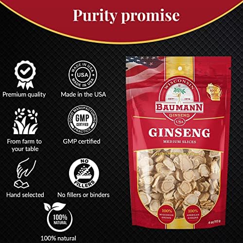 Baumann Wisconsin Ginseng - Medium Slices 4 oz - 100% Natural Panax Ginseng Herb, Pure Dried American Ginseng for Enhanced Focus & Energy