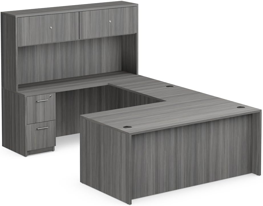 NBF U-Shaped Desk Reversible Workstation with Hutch & Storage, 71" W, Tan