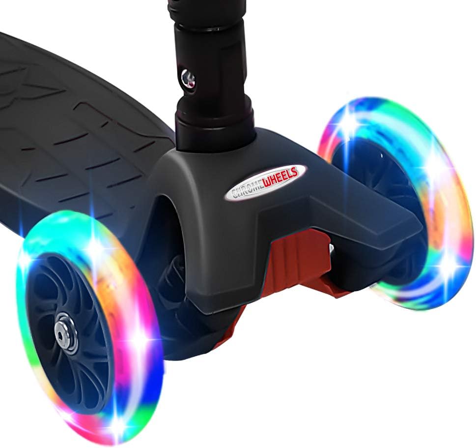 ChromeWheels Foldable Scooters for Kids, Deluxe Kick Scooter 4 Adjustable Height 132lbs Weight Limit 3 Wheel, Lean to Steer LED Light Up Wheels