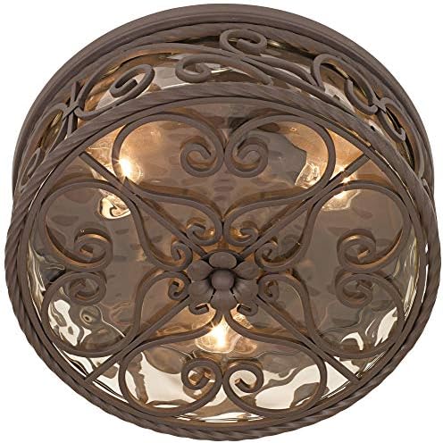 Casa Seville 12" Walnut Rustic Indoor-Outdoor Ceiling Light Fixture | Flush-Mount Dark Scroll Water Glass Damp Rated for Exterior House Porch Patio Outside Deck Garage Front Door Home