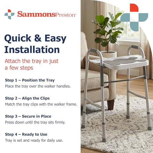 Sammons Preston Standard Walker Tray, Clip-On Surface with Cup Holders, Lightweight Raised-Edge Design for Bariatric Walkers, Stable Dining and Utility Support for Seniors and Mobility Aid Users