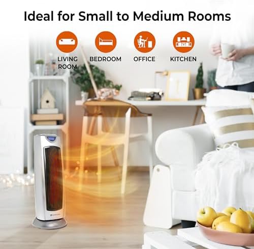 Comfort Zone Electric Oscillating Ceramic Tower Space Heater, Remote, Backlit Digital Thermostat & Temperature Display, Timer, & Overheat Sensor