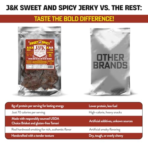 J&K Sweet and Spicy Beef Jerky - Hand Crafted Small Batch American Made Slab Beef Jerky - Bold & Flavorful Snack! - 7oz Big Bag