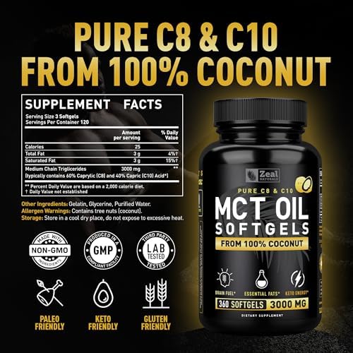 Pure MCT Oil Capsules (360 Softgels | 3000mg) 4 Month Supply Keto Pills w Unrefined Coconut - C10 & C8 Brain Fuel, Energy, Octane Ketosis