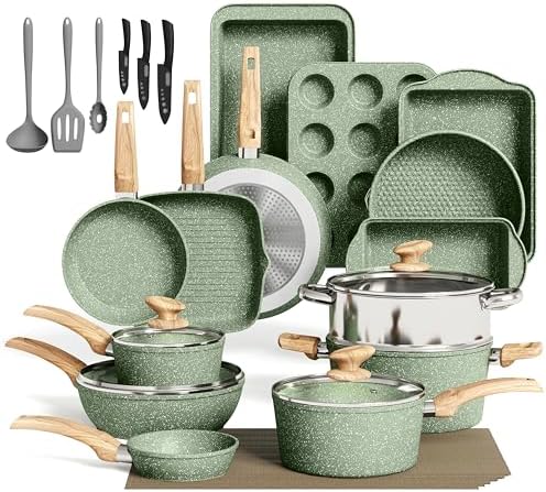 MAISON ARTS 30 Piece Pots and Pans Set, Kitchen Cookware Sets Non Stick | Induction Compatible, PFOA & PFOS Free, Bakeware Sets with Baking Tray, Frying Pan and Saucepan, Green