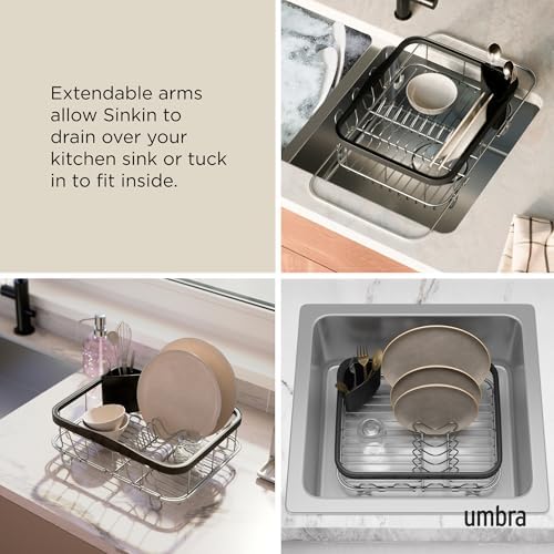 Umbra Sinkin Dish Drying Rack, in Sink or Countertop Drainer, Black/Nickel | Removable utensil holder, non slip rubber feet, fits standard sizes, coated wire and plastic