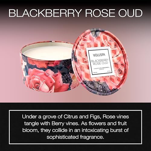 Voluspa BlackBerry Rose Oud, 2 Wick Tin Candle, 8 oz, 25 Hour Burn Time, Coconut Wax for Clean Burning, Handcrafted in The USA