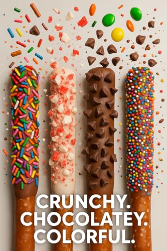 Chocolate Covered Pretzel Rods Gourmet Pretzel Sticks with Rainbow Sprinkles & Assorted Toppings Bulk 50 pack Individually Wrapped Chocolate Covered