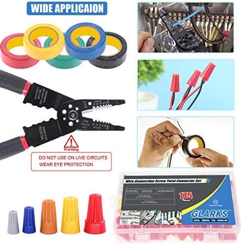 Glarks 8" 10-22 AWG Multifunction Wire Stripper/Crimper/Cutter and 175Pcs Twist Nuts Caps Electrical Wire Connectors Screw Terminals with 5Pcs
