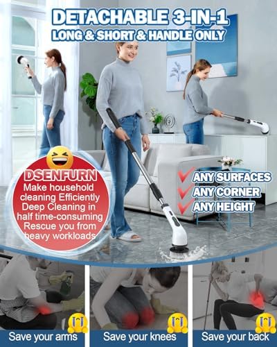 Electric Spin Scrubber, IPX7 Waterproof Cordless Cleaning Brush with 8 Replaceable Heads, Dual Speed & USB-C Charging