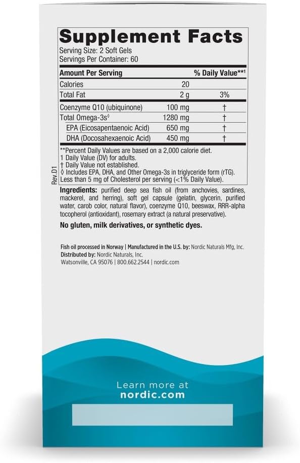 Nordic Naturals Ultimate Omega + CoQ10, Lemon - 60 Soft Gels - 1280 mg Omega-3 + 100 mg CoQ10 - Heart Health, Cellular Energy, Antioxidant Support - Non-GMO - 30 Servings