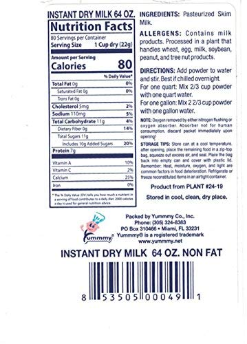 Yummmy 64 oz, Instant Nonfat Skimmed Powdered Dry Milk - Leche en polvo, 64 Oz, Grade A, Kosher Halal Certified, Made in USA