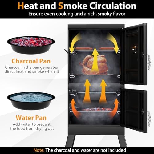 Charcoal Smoker Outdoor, Vertical BBQ Smoker with Thermostat, 2 Access Doors, 2 Cooking Grates, 2 Removable Pans & 4 Air Vents