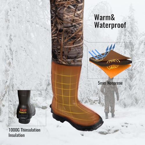 Hunting Waders with 1000G Insulation Rubber Boots, Neoprene Chest Wader, Waterproof Bootfoot Waders for Men & Women
