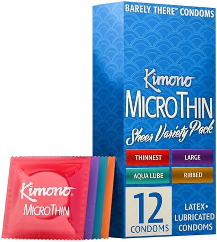Kimono MicroThin Sheer Variety Pack of 12 - Multiple Styles of Ultrathin Condom Shapes, Unique Designs in One Pack, Natural Latex Condoms, Vegan-Friendly, No Latex Odor - Enhanced Sensitivity