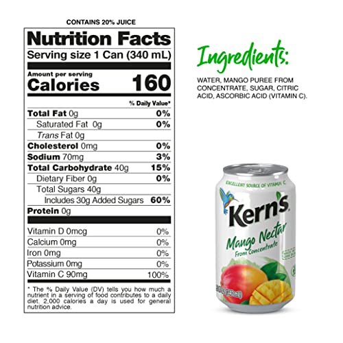 Kern’s Tropical Fruit Nectar Juice Variety Pack - Mango Nectar & Peach Juice - Made from Fruit Puree for Smoothie Mix, Cocktail Mixers & Kids Drinks - 11.5oz, 12 Pack Canned Drinks