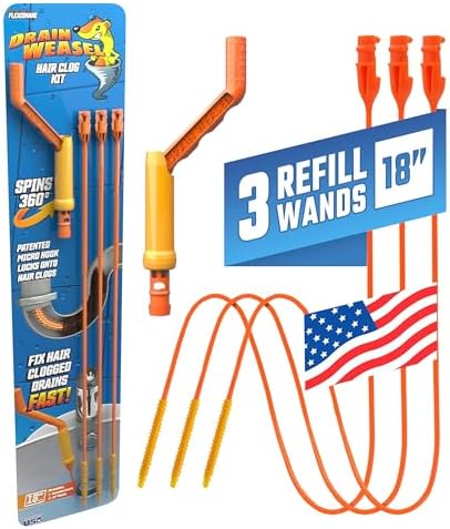 FlexiSnake Drain Weasel Sink Snake Hair Clog Remover Tool Kit, 5 Wands | Pipe, Bathroom, Bathtub Cleaner, 18-inch Long Refills, Flexible, Removable Handle, Made in The USA